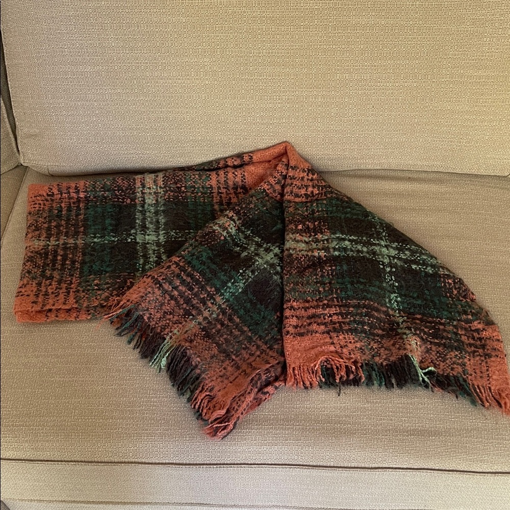 Cozy Plaid Fringe Throw Pillow - Orange and Green